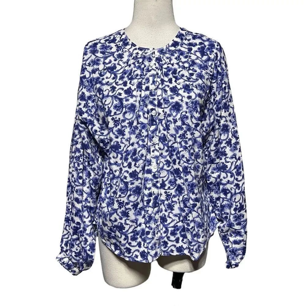 Pilcro by Anthropologie Blue White Floral Button up Long Sleeve Blouse Size XS
